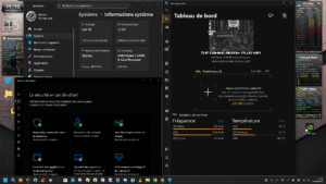 Carte mère ASUS TUF Gaming B620M-PLUS WiFi, processeur AMD Ryzen 5 8400F, carte graphique NVIDIA GeForce RTX 3060, écran avec informations système, moniteur de fréquence et température, idéal pour gaming et productivité.